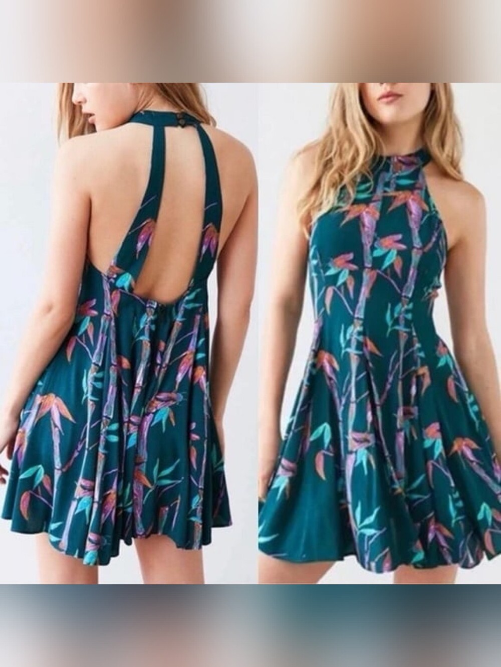 Kimchi Blue Halter Open Back Tropical Floral Mini Dress Teal Green size Small